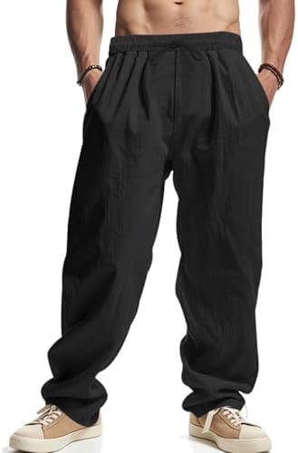 Cotton Linen Pants for Men Lightweight Breathable Drawstring Baggy Beach Casual