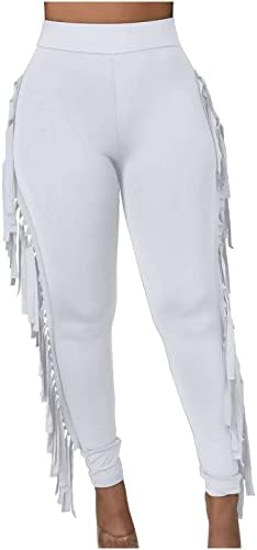 Firzero Womens Fringe Pants Casual High Waist Bodycon Side Tassel Pants