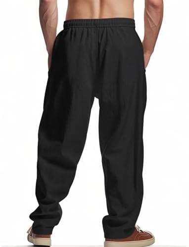 Cotton Linen Pants for Men Lightweight Breathable Drawstring Baggy Beach Casual