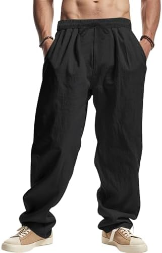 Cotton Linen Pants for Men Lightweight Breathable Drawstring Baggy Beach Casual