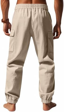 WENKOMG1 Mens Elastic Waist Drawstring Linen Cargo Pants for Casual Summer