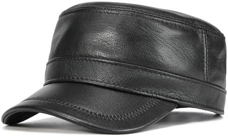 VOBOOM Leather Adjustable Flat Top Cap for Men - Military Style