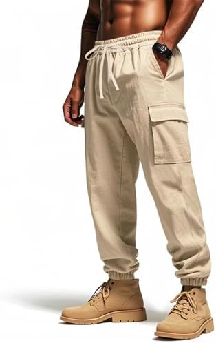 WENKOMG1 Mens Elastic Waist Drawstring Linen Cargo Pants for Casual Summer