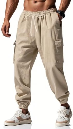 WENKOMG1 Mens Elastic Waist Drawstring Linen Cargo Pants for Casual Summer