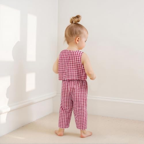 Emmababy Plaid Toddler Girl V-Neck Crop Blazer Vest Wide Leg Pants Set