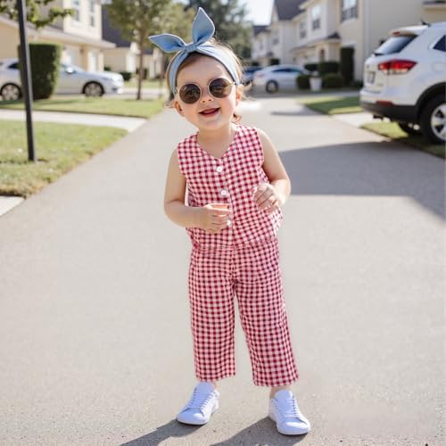 Emmababy Plaid Toddler Girl V-Neck Crop Blazer Vest Wide Leg Pants Set