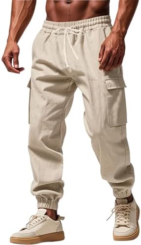 WENKOMG1 Mens Elastic Waist Drawstring Linen Cargo Pants for Casual Summer