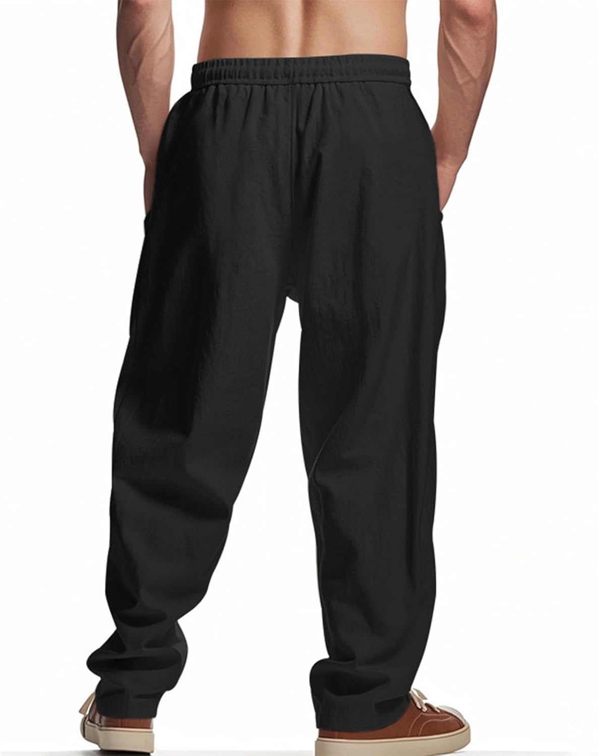 Cotton Linen Pants for Men Lightweight Breathable Drawstring Baggy Beach Casual