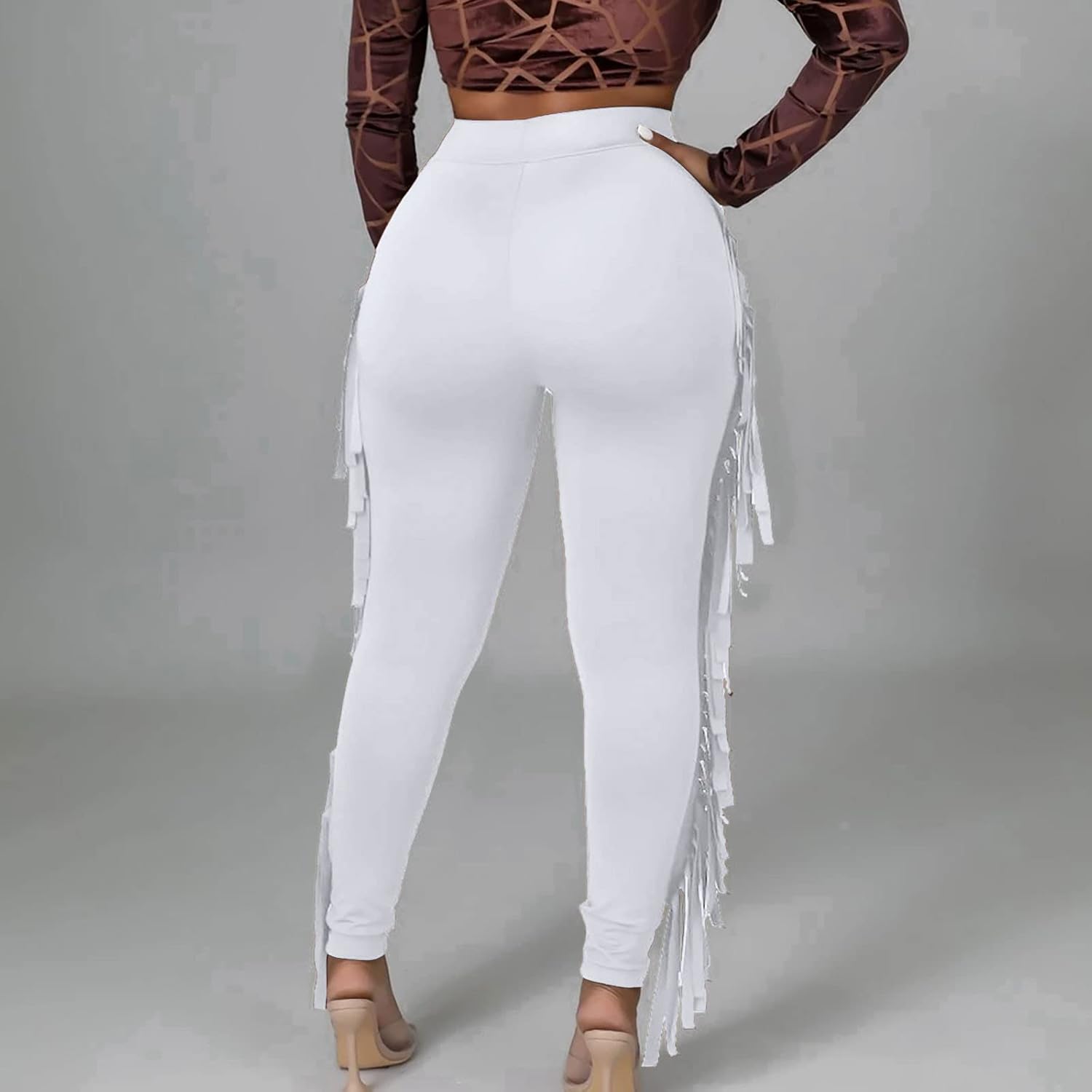 Firzero Womens Fringe Pants Casual High Waist Bodycon Side Tassel Pants