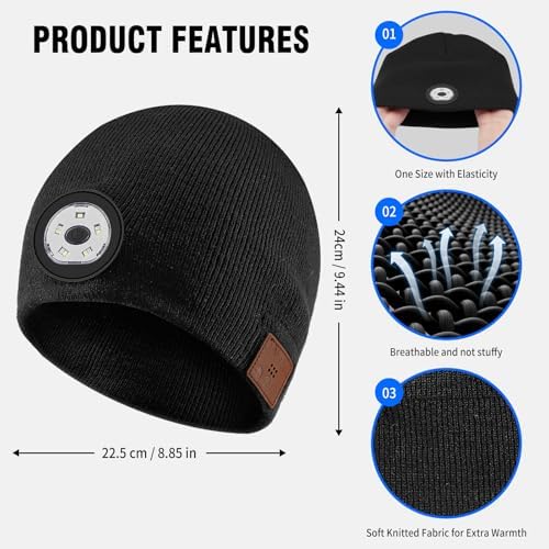 Mood Pie Bluetooth Beanie with Light Music Headlamp Built-in Speaker Mic