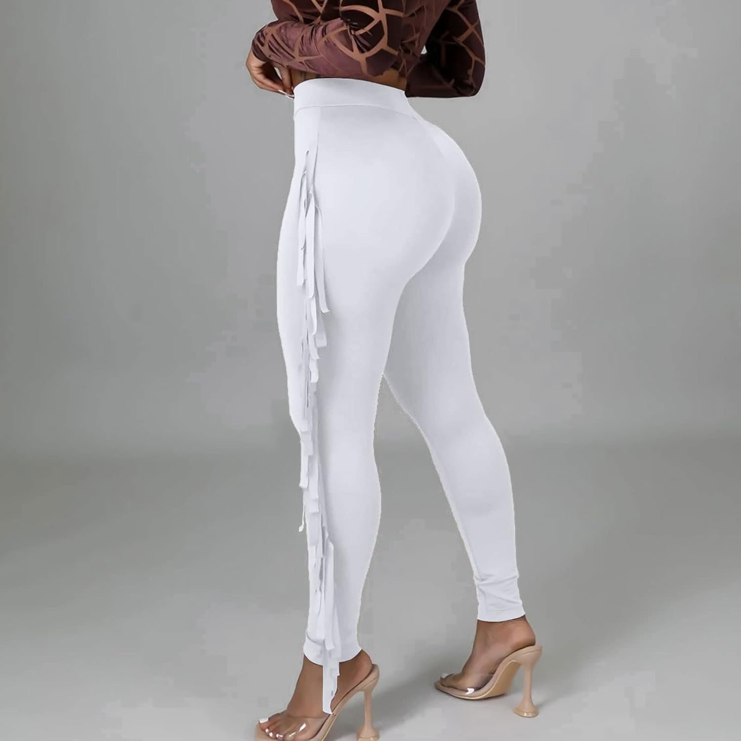 Firzero Womens Fringe Pants Casual High Waist Bodycon Side Tassel Pants