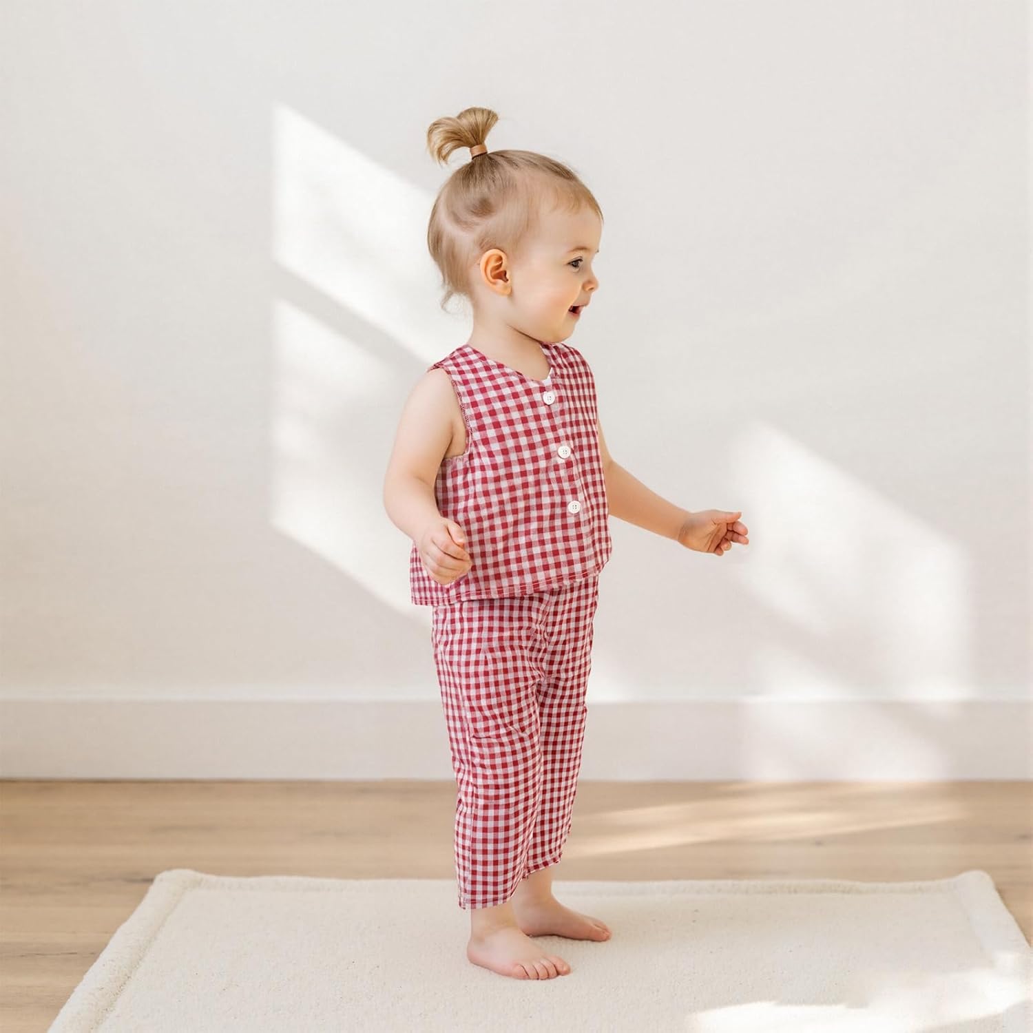 Emmababy Plaid Toddler Girl V-Neck Crop Blazer Vest Wide Leg Pants Set