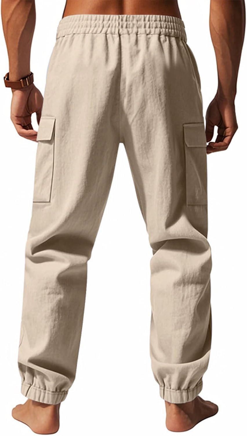 WENKOMG1 Mens Elastic Waist Drawstring Linen Cargo Pants for Casual Summer