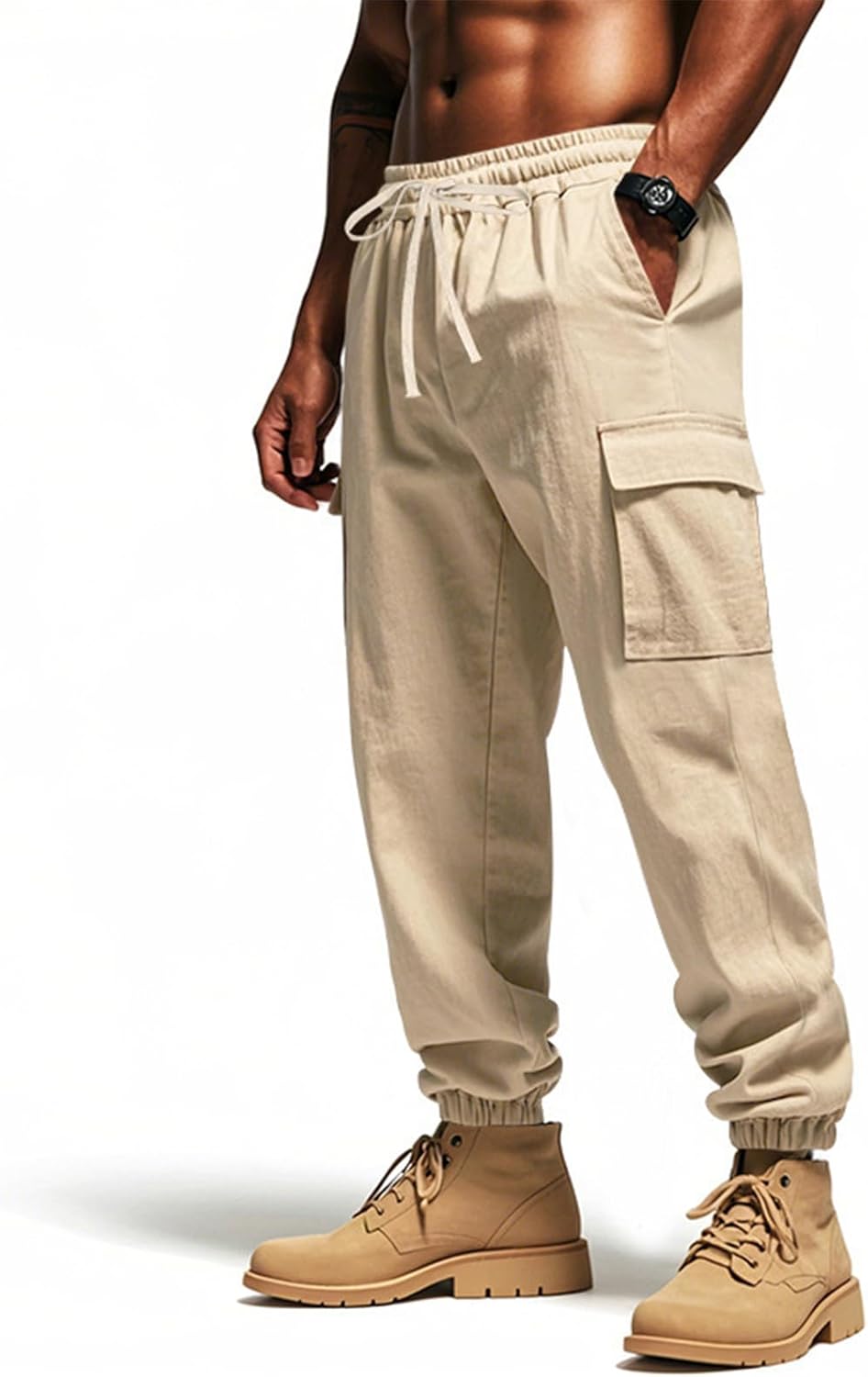 WENKOMG1 Mens Elastic Waist Drawstring Linen Cargo Pants for Casual Summer