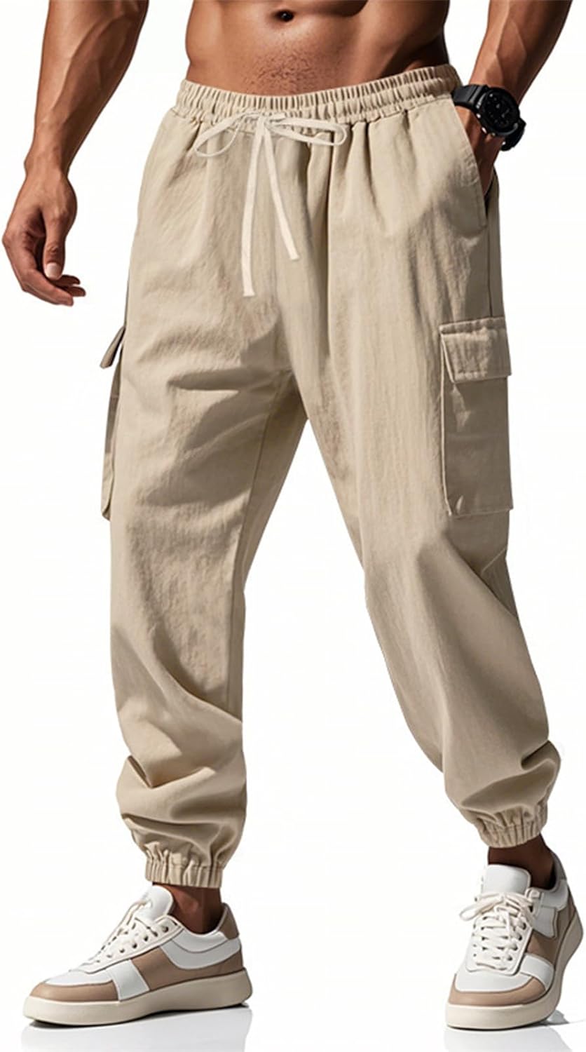 WENKOMG1 Mens Elastic Waist Drawstring Linen Cargo Pants for Casual Summer