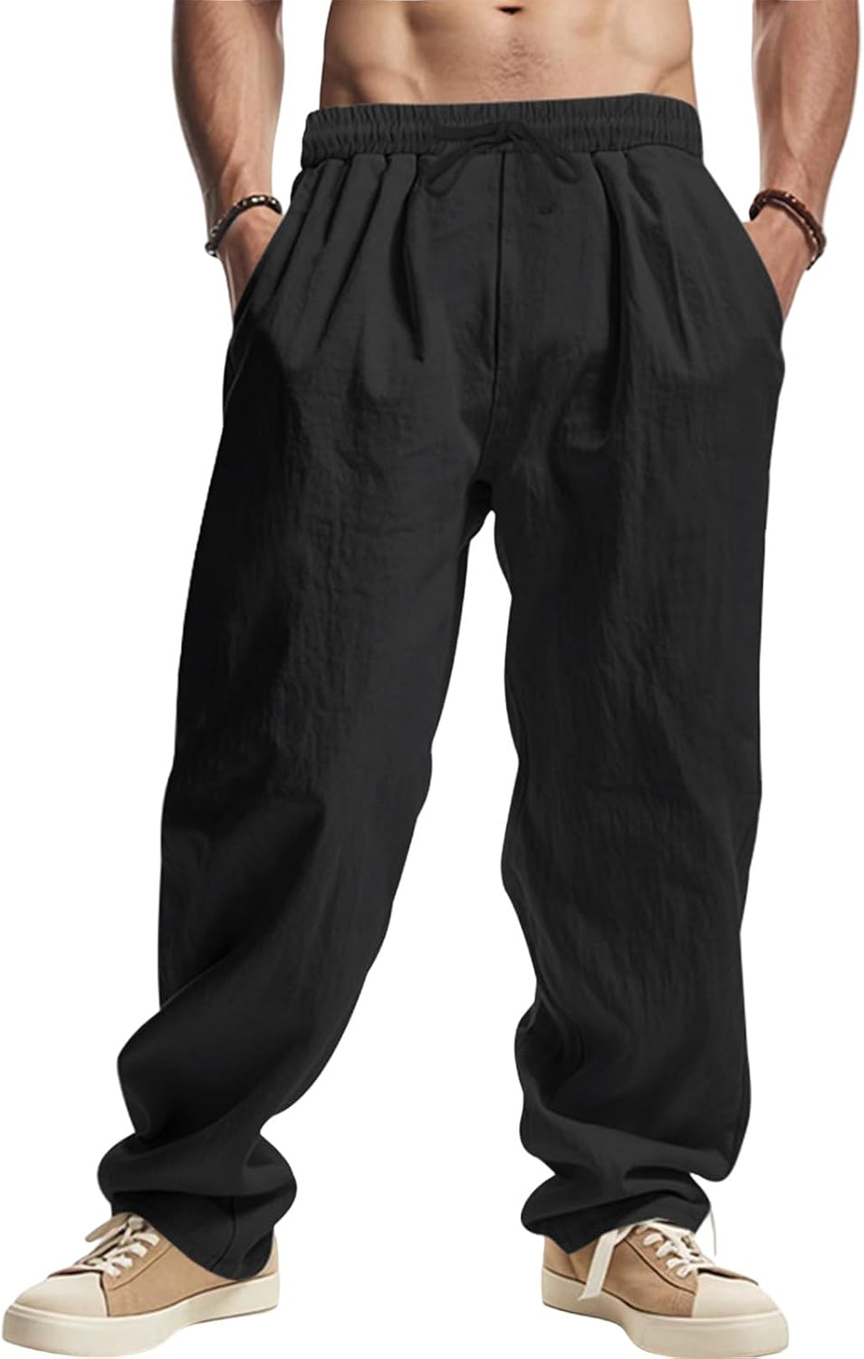 Cotton Linen Pants for Men Lightweight Breathable Drawstring Baggy Beach Casual
