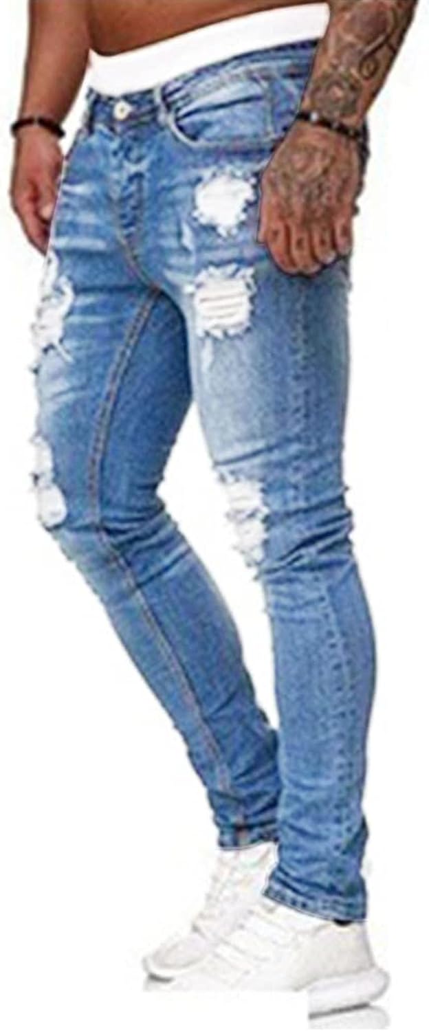 HUNGSON Mens Blue Ripped Slim Fit Jeans