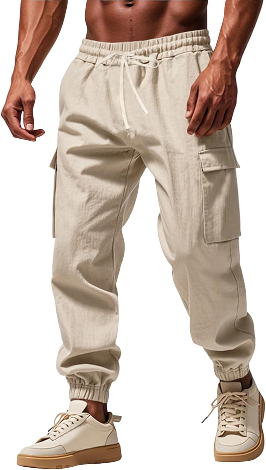 WENKOMG1 Mens Elastic Waist Drawstring Linen Cargo Pants for Casual Summer