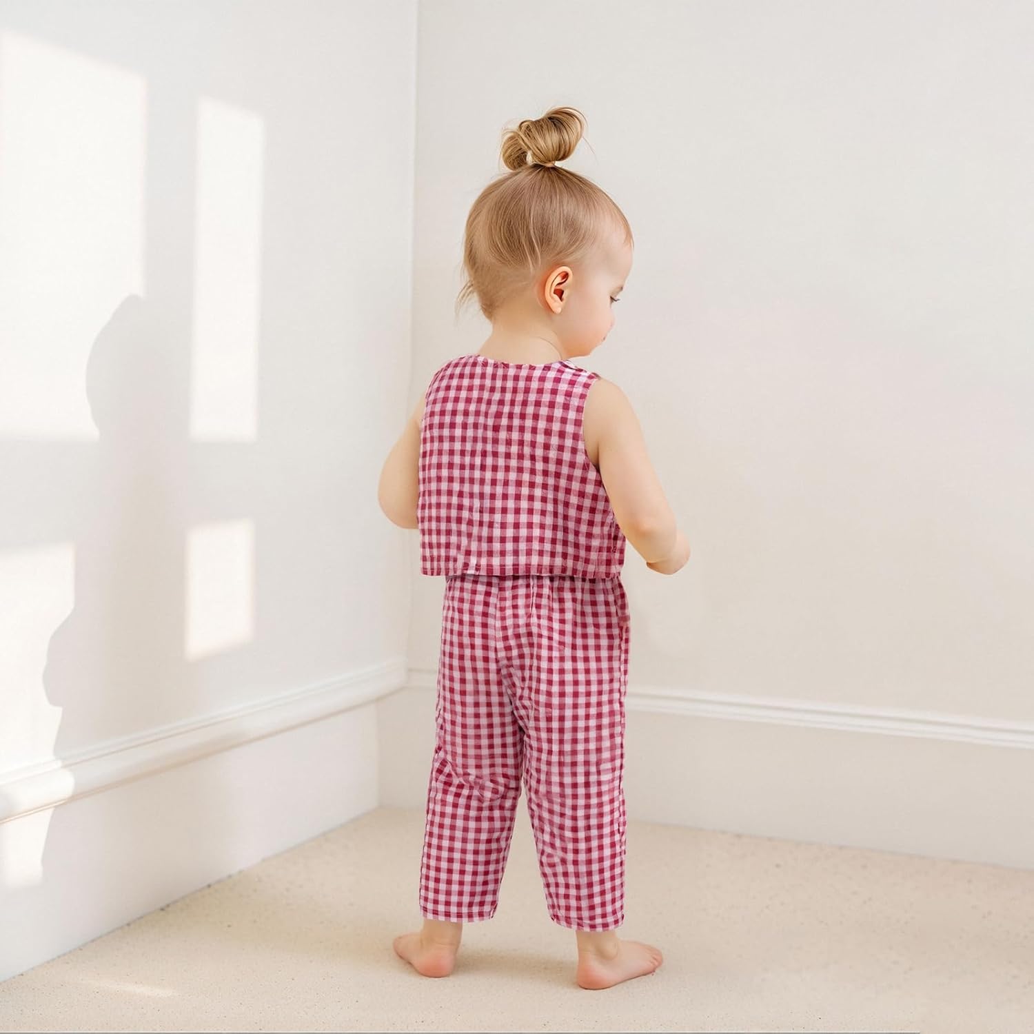 Emmababy Plaid Toddler Girl V-Neck Crop Blazer Vest Wide Leg Pants Set