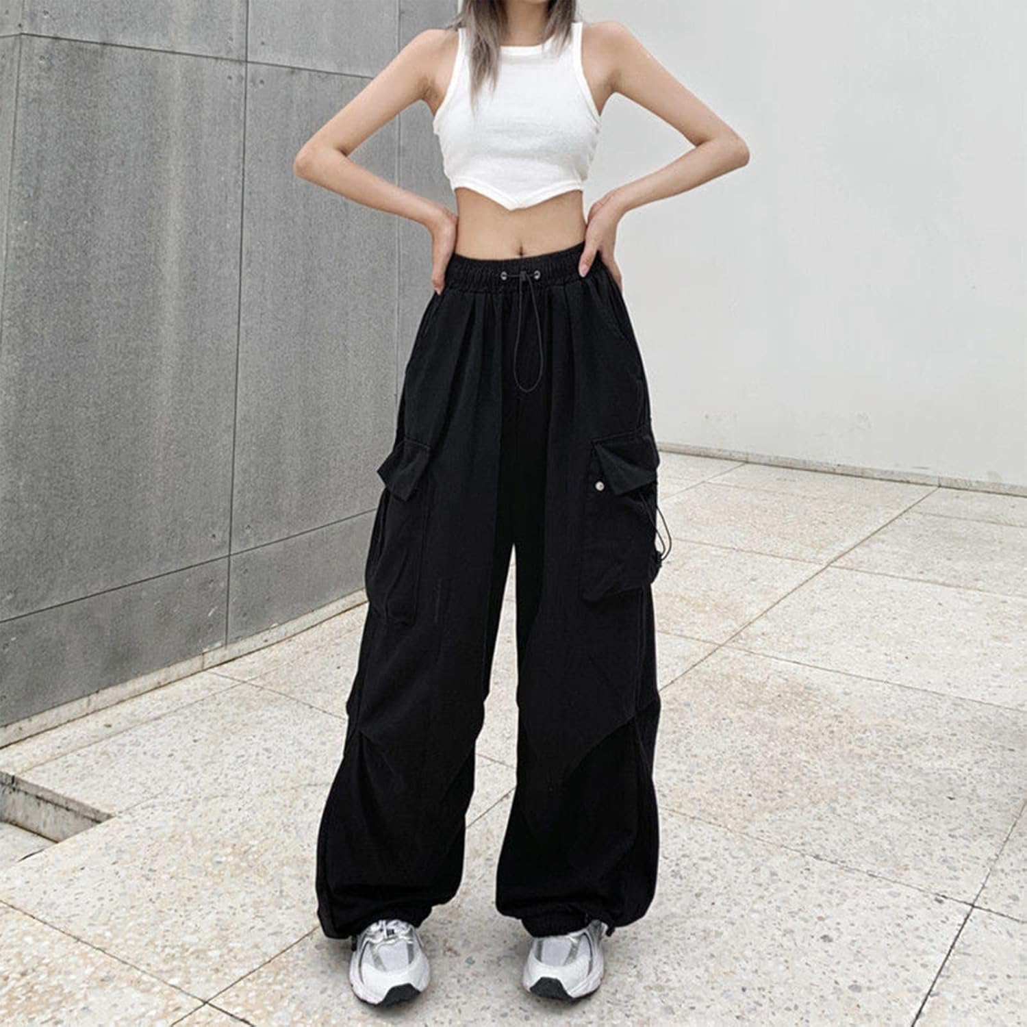 High Waist Women Cargo Pants Plus Size Wide Leg Drawstring