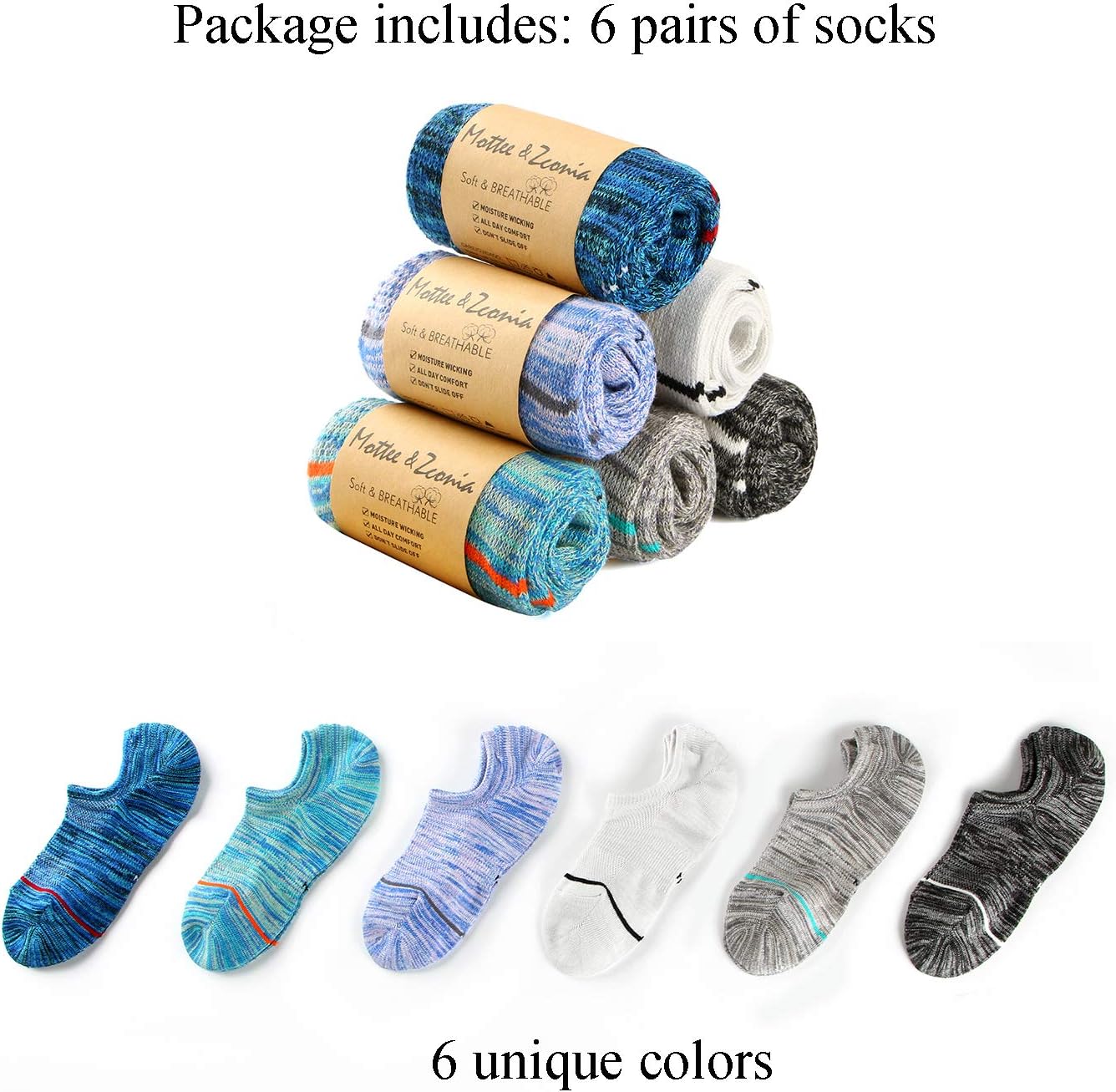 MotteeZconia Mens No Show Socks 6 Pairs Size ML