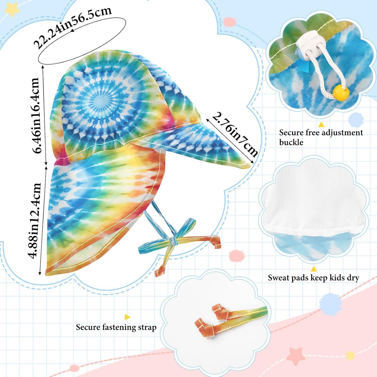 Adjustable Rainbow Tie Dye Baby Sun Hat UPF 50