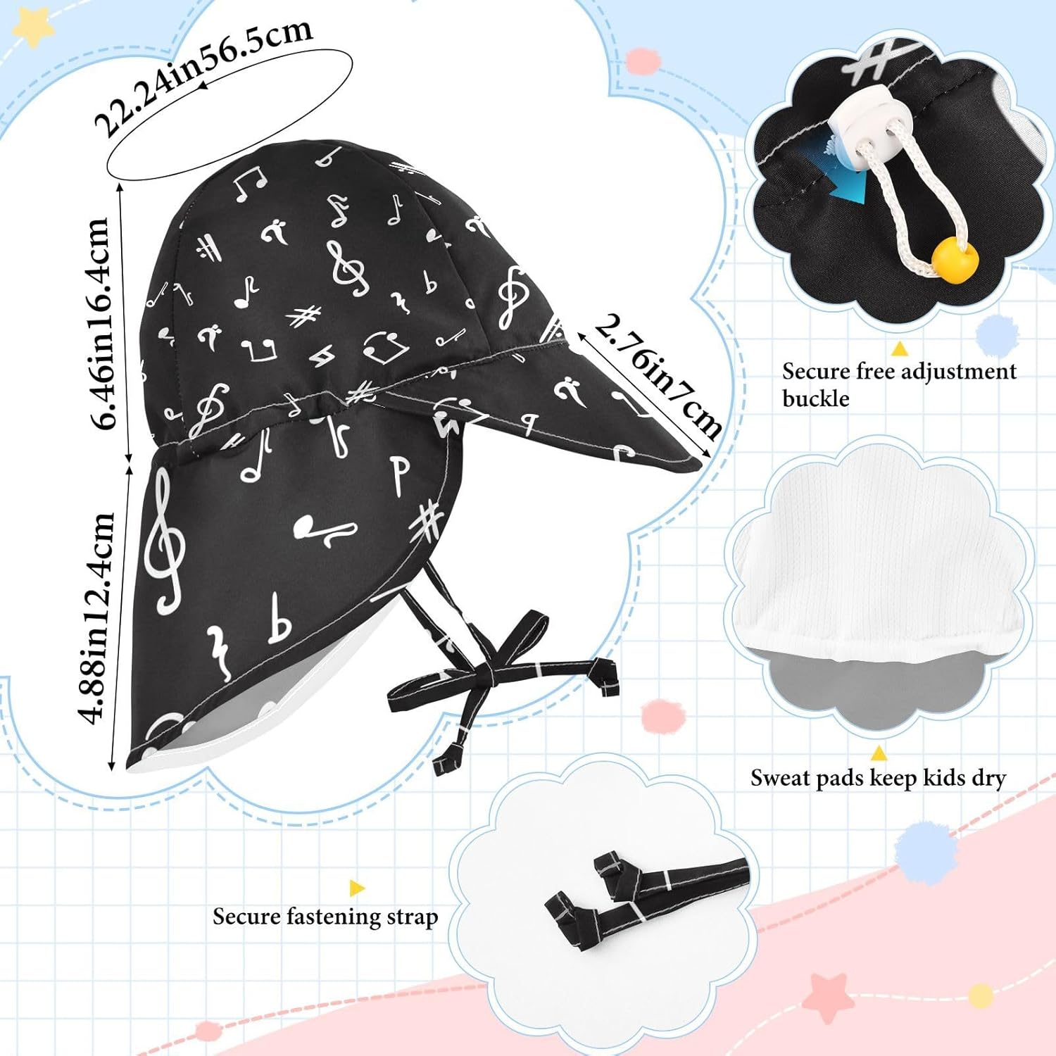 Toddler Sun Hat Musical Notes Black White