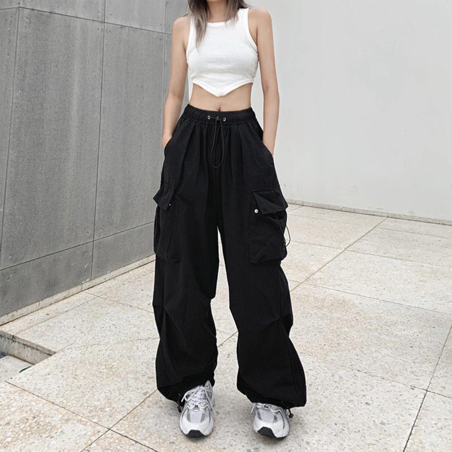 High Waist Women Cargo Pants Plus Size Wide Leg Drawstring