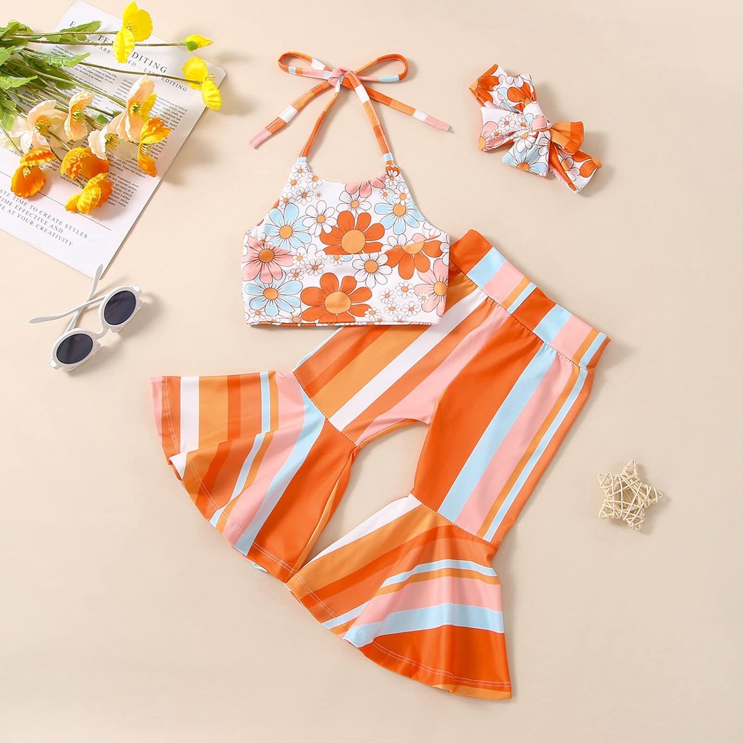 Kupretty Baby Girl Summer Crop Top Bell Bottoms Set