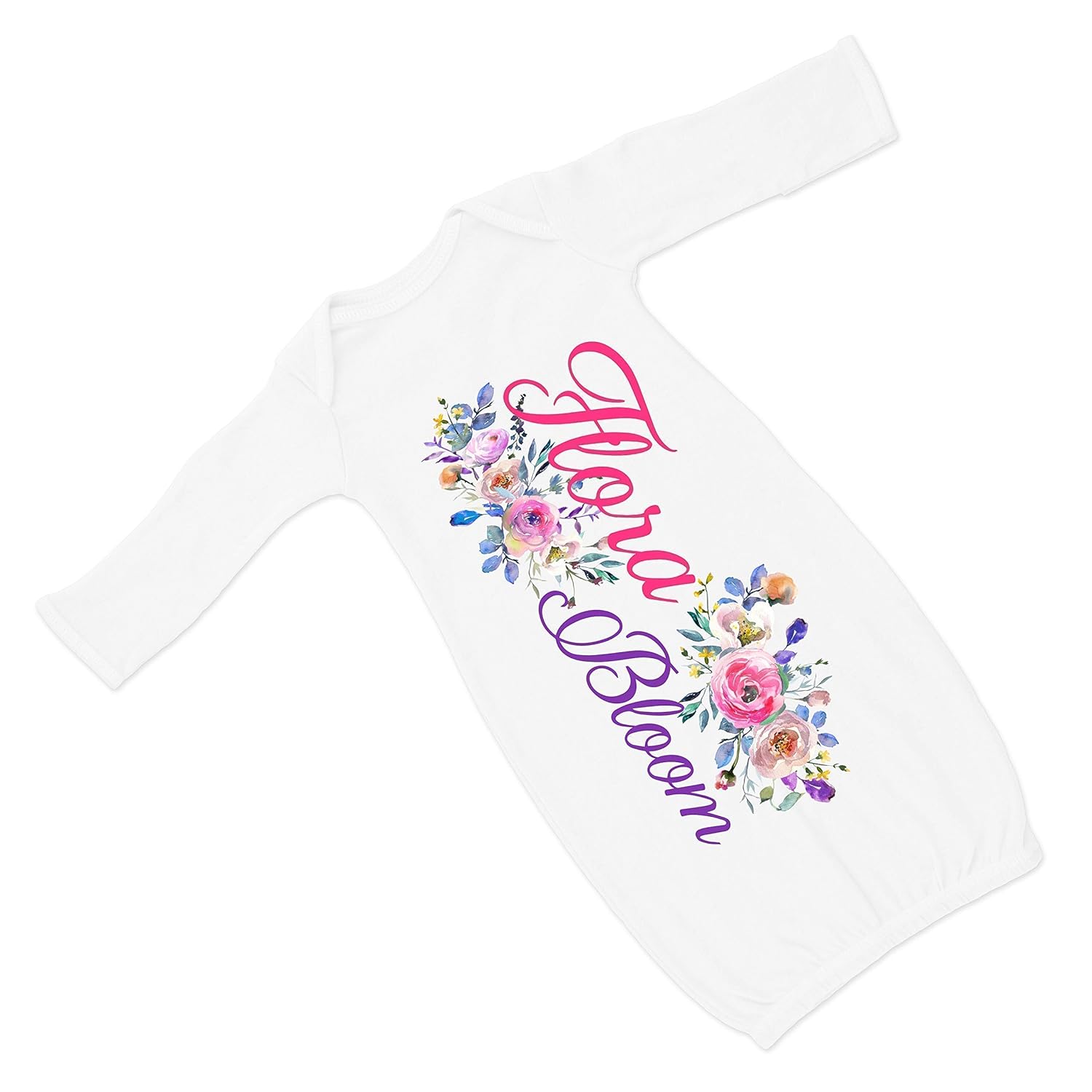 Personalized Baby Girls Printed Floral Gown with Hot Pink and Purple