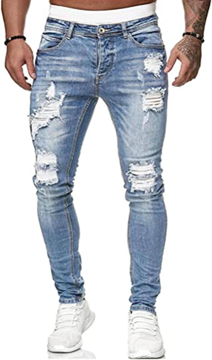 HUNGSON Mens Blue Ripped Slim Fit Jeans