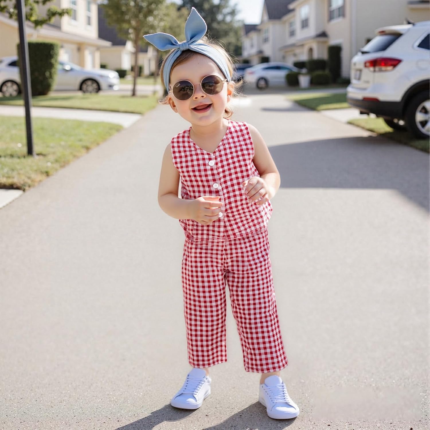Emmababy Plaid Toddler Girl V-Neck Crop Blazer Vest Wide Leg Pants Set