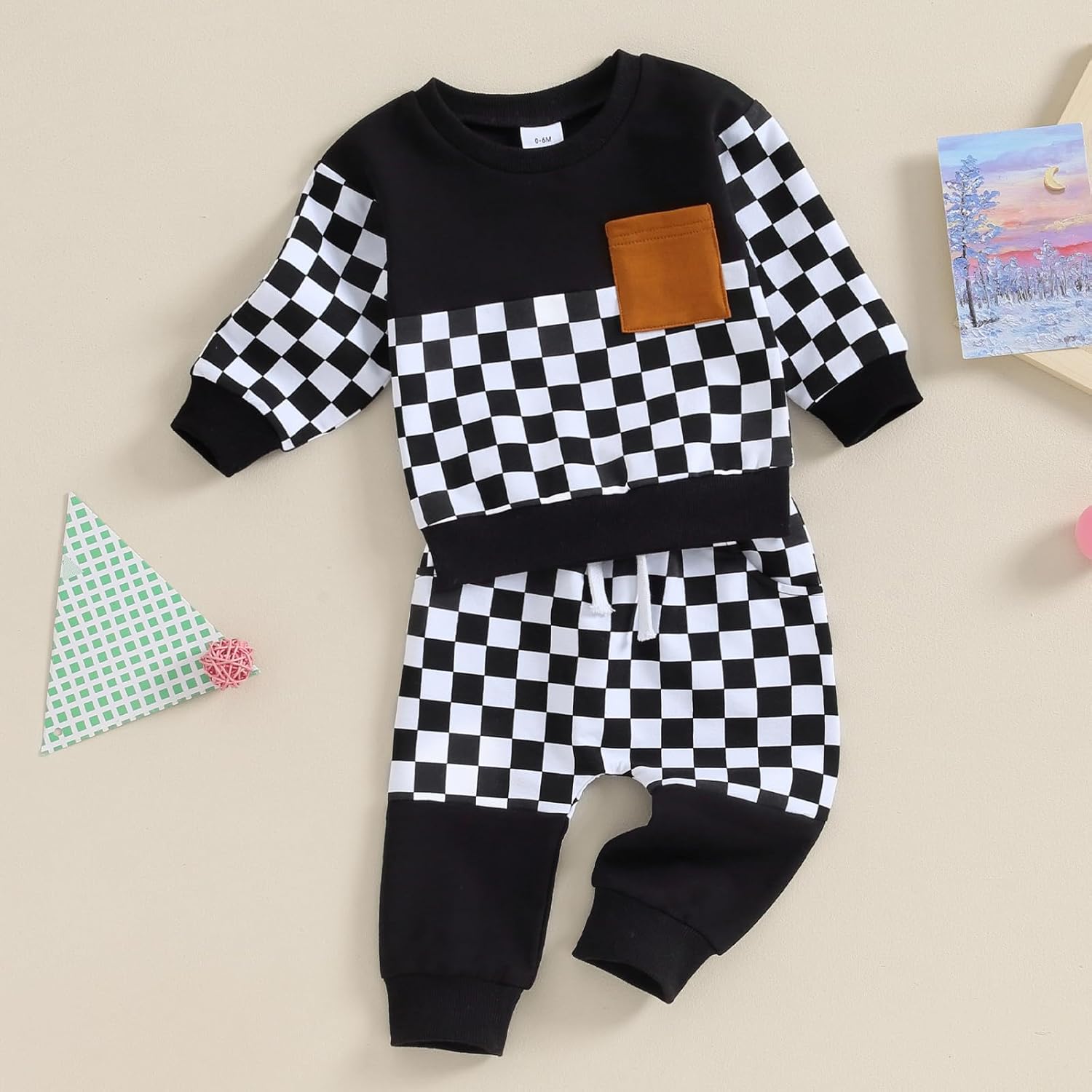 Fall Winter Toddler Baby Checkered Sweatsuit