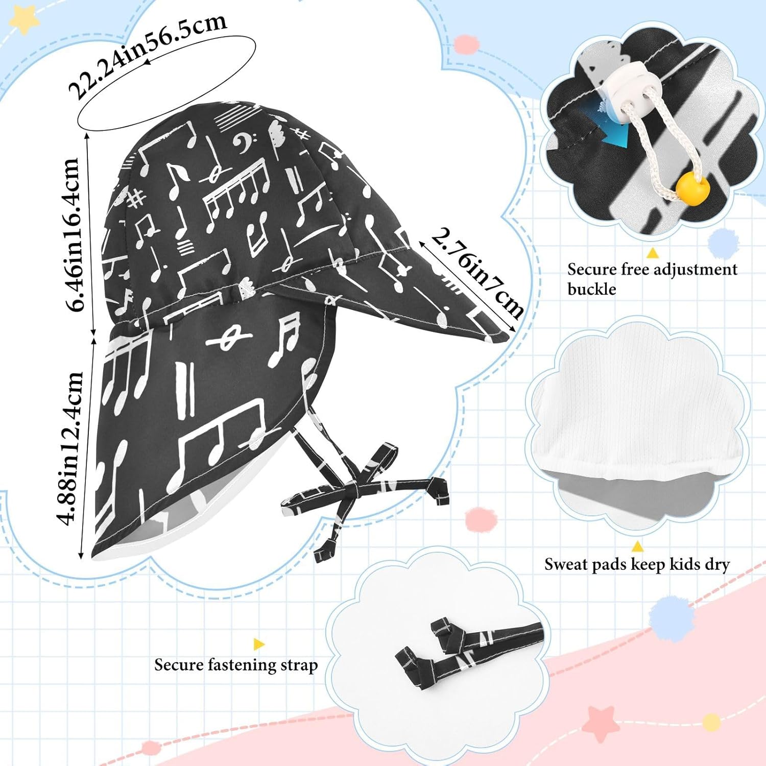 Adjustable Toddler Sun Hat with Music Notes Design