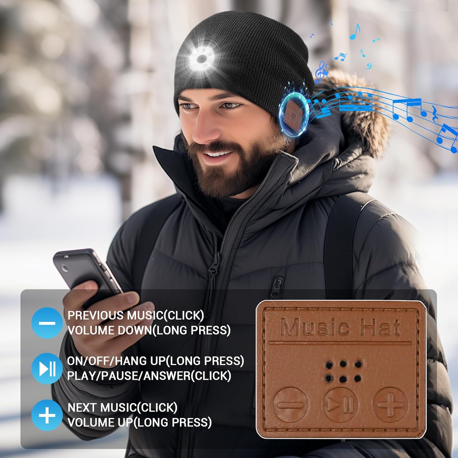 Mood Pie Bluetooth Beanie with Light Music Headlamp Built-in Speaker Mic