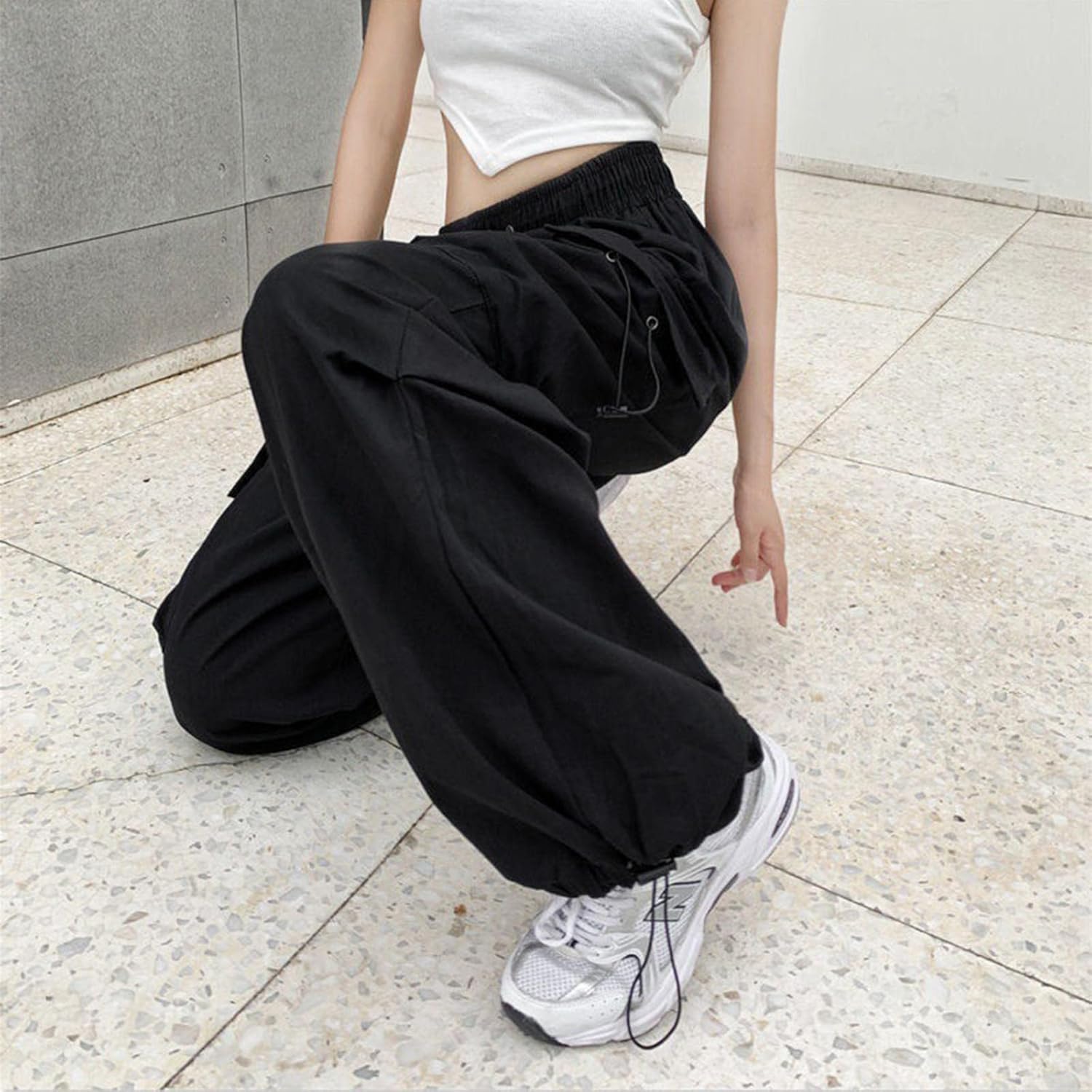 High Waist Women Cargo Pants Plus Size Wide Leg Drawstring