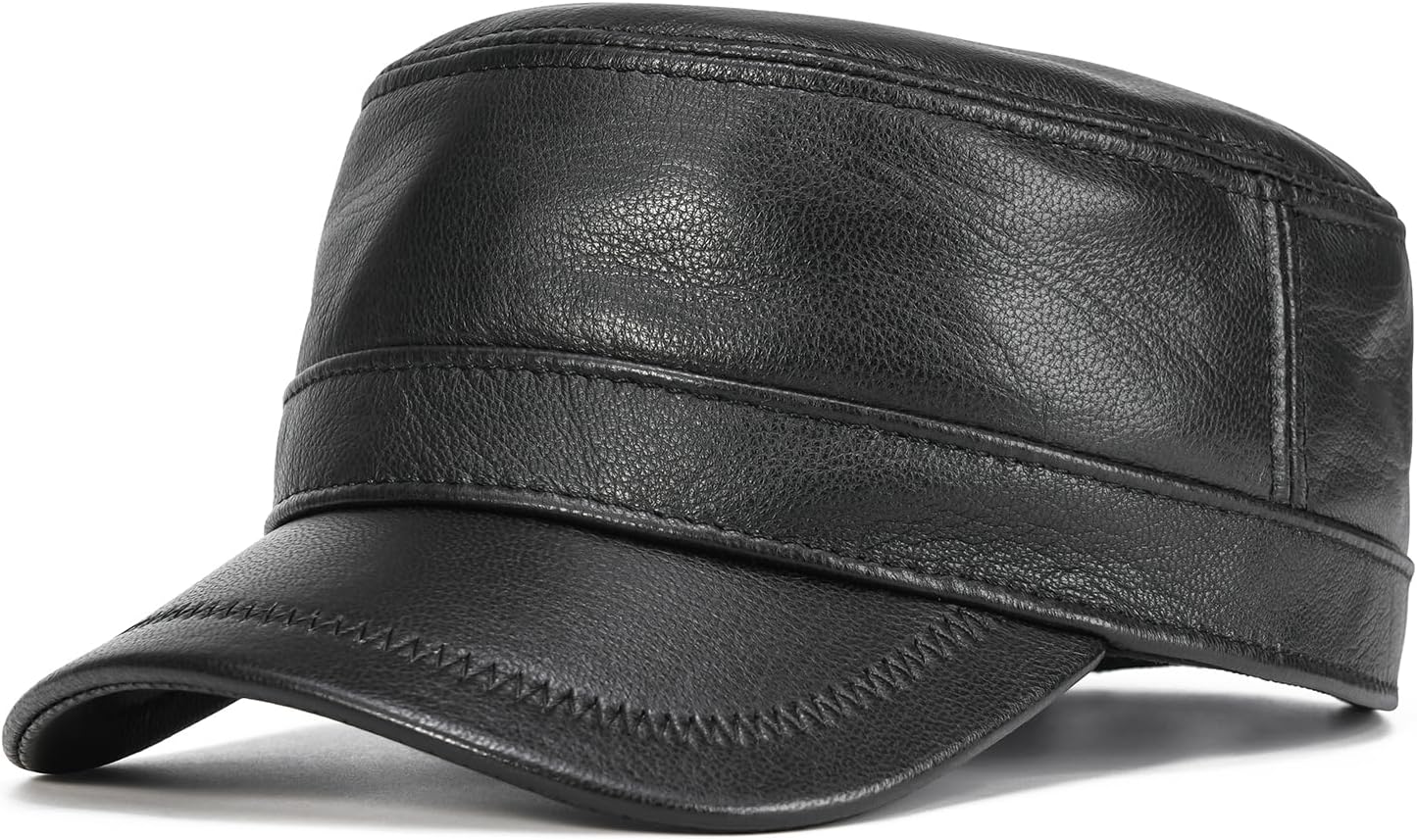 VOBOOM Leather Adjustable Flat Top Cap for Men - Military Style