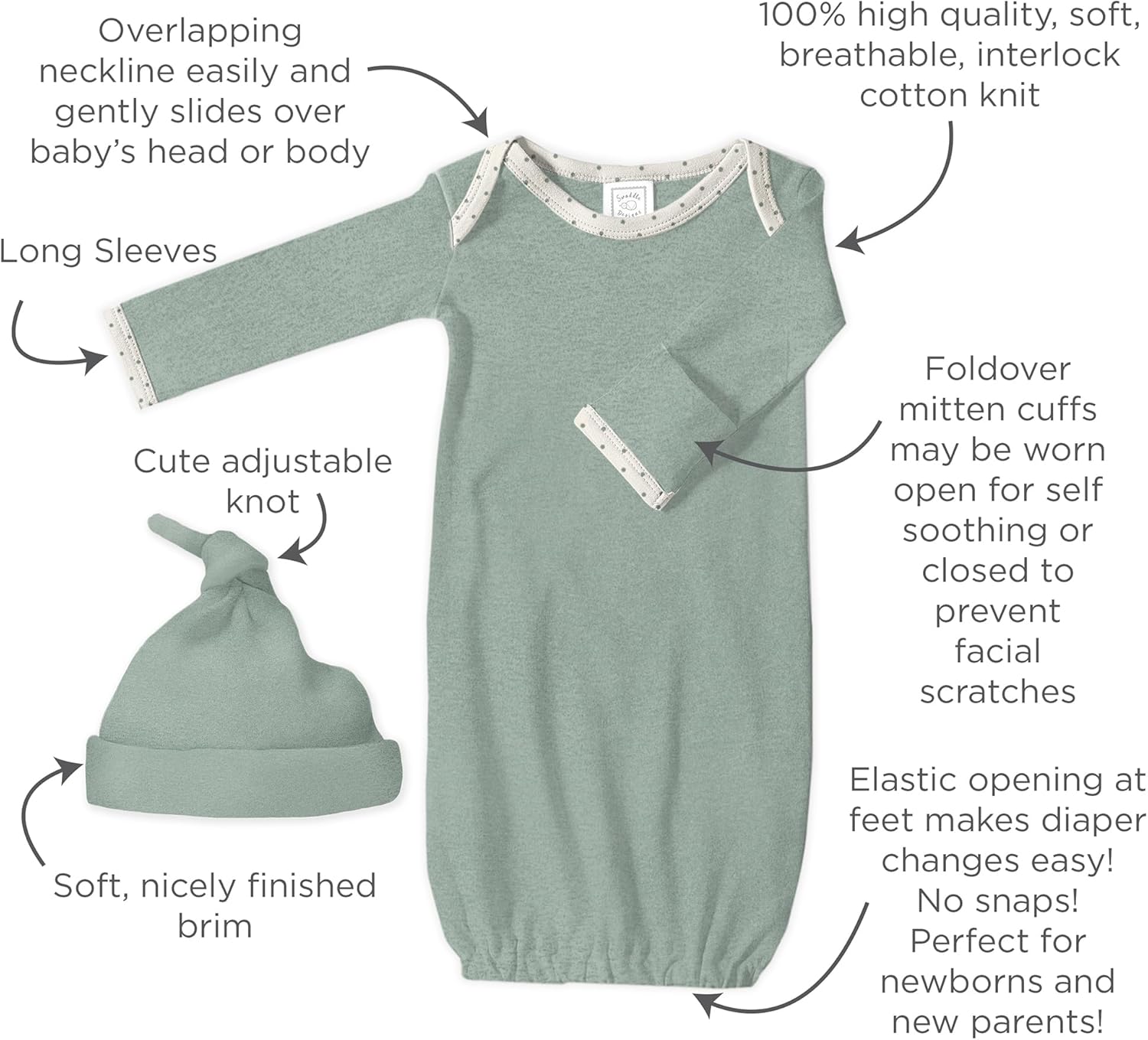 SwaddleDesigns Soft Cotton Baby Gown for Newborn 0-3 Months