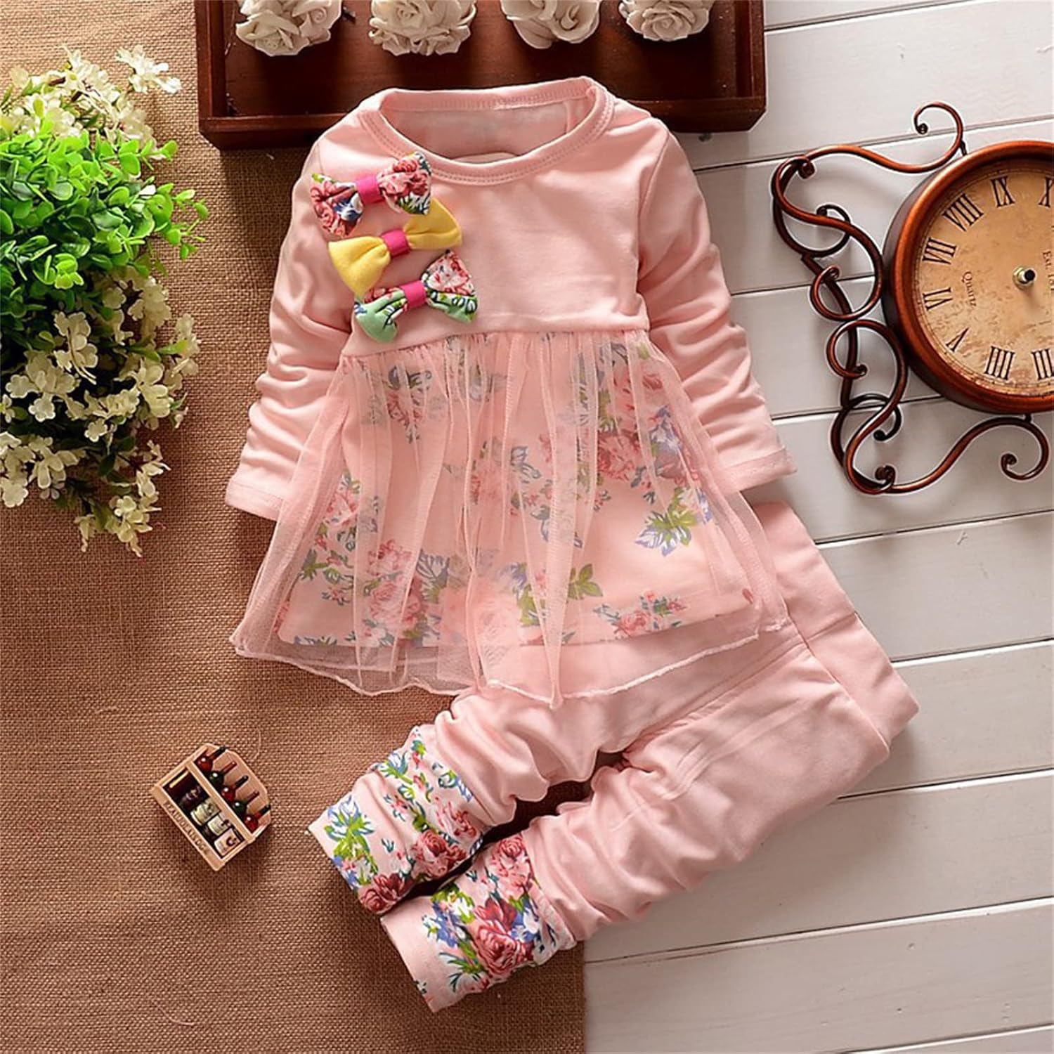 Floral Mesh Baby Girls Romper with Pants