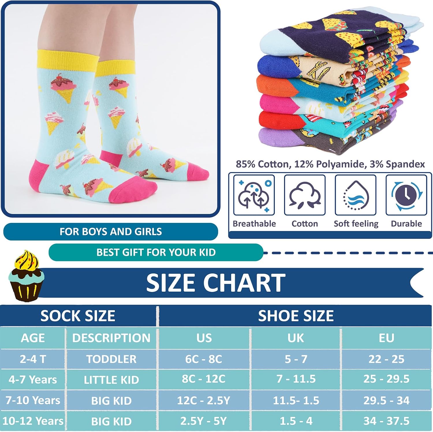 6-Pair Boys Novelty Crew Socks for Kids