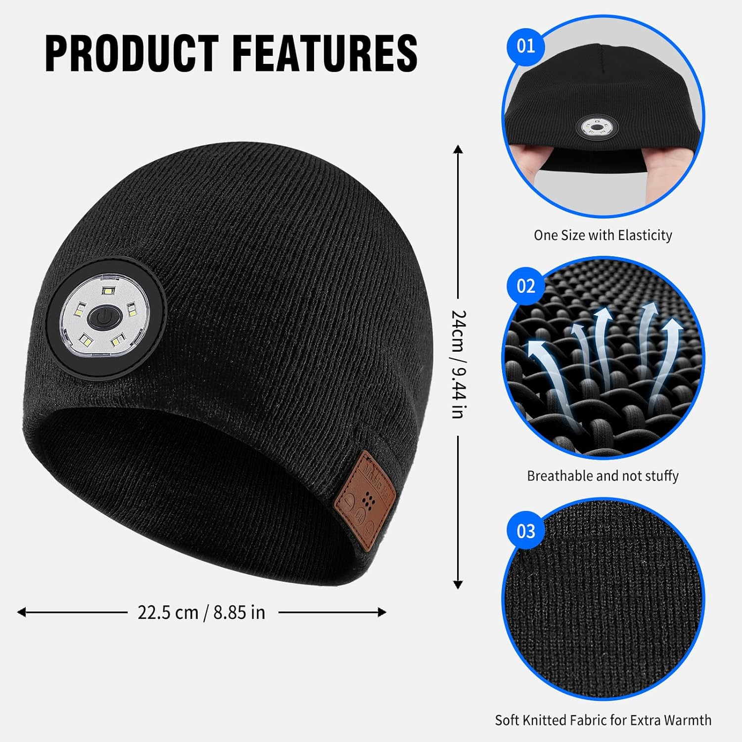 Mood Pie Bluetooth Beanie with Light Music Headlamp Built-in Speaker Mic